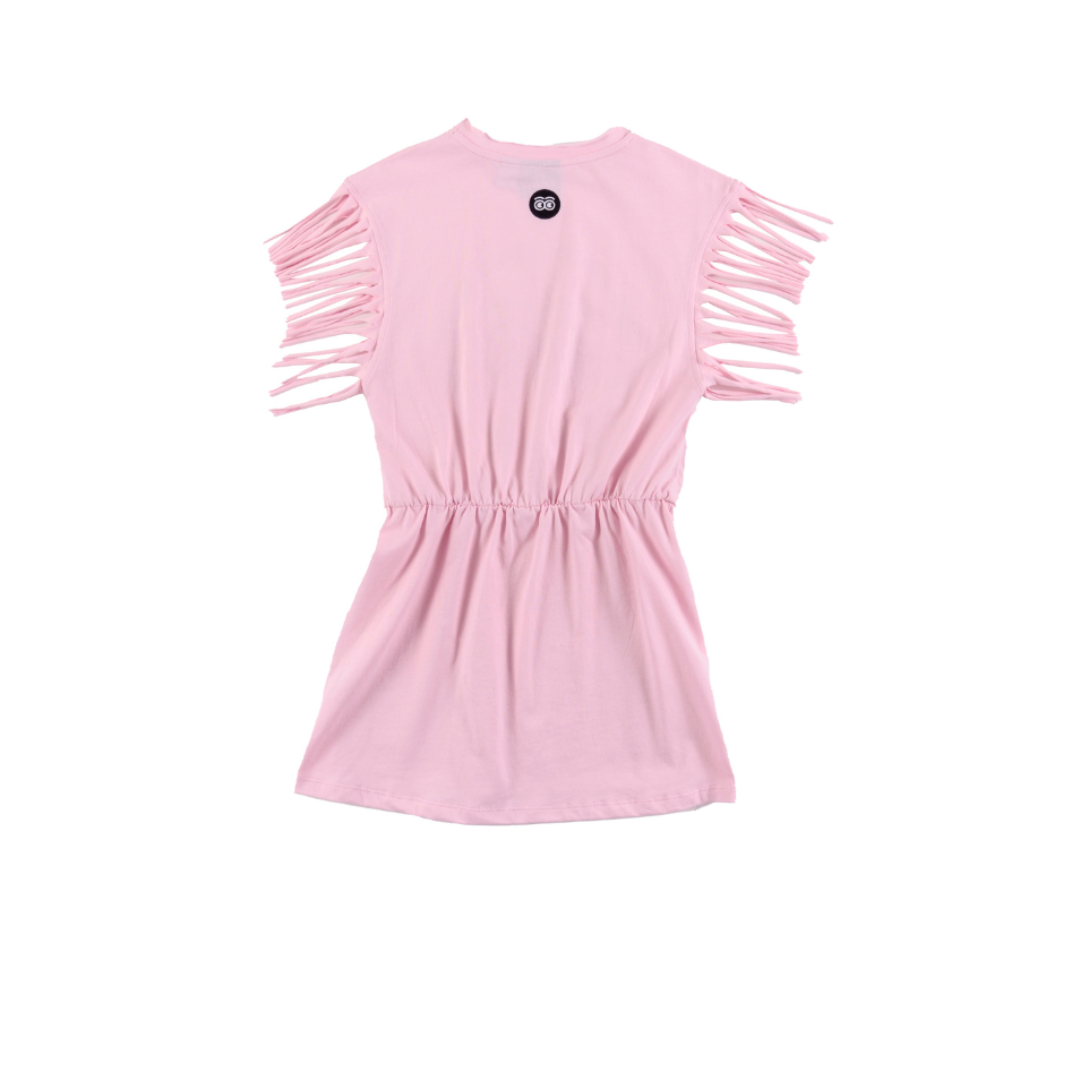 Soft Pink Rose Print Fringe T-Shirt Dress