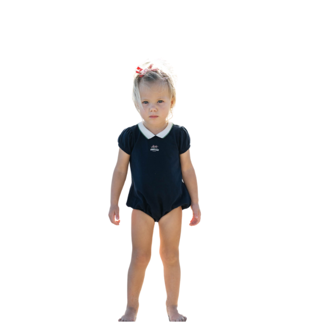 Navy Puff Sleeve Polo Romper