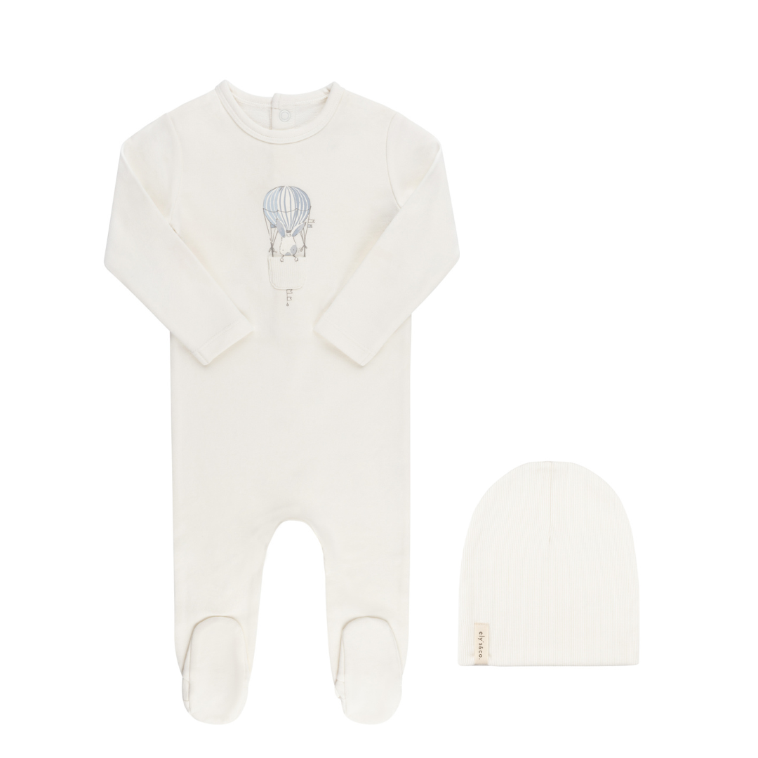 Ivory/Blue French Terry Hot Air Balloon Footie & Beanie Set