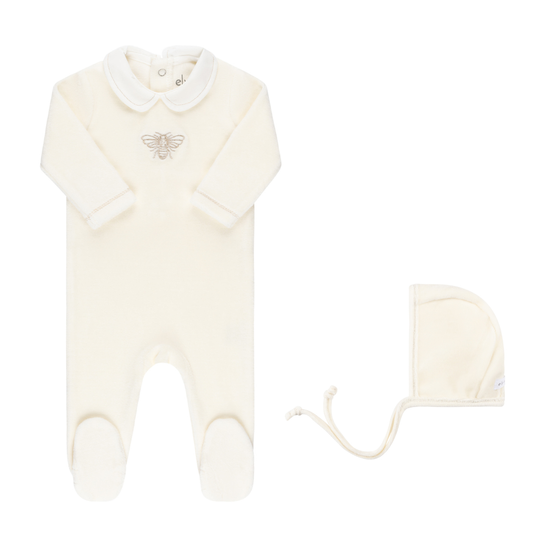 Ivory/ Rose Gold Velour Bee Embroidered Footie & Bonnet Set