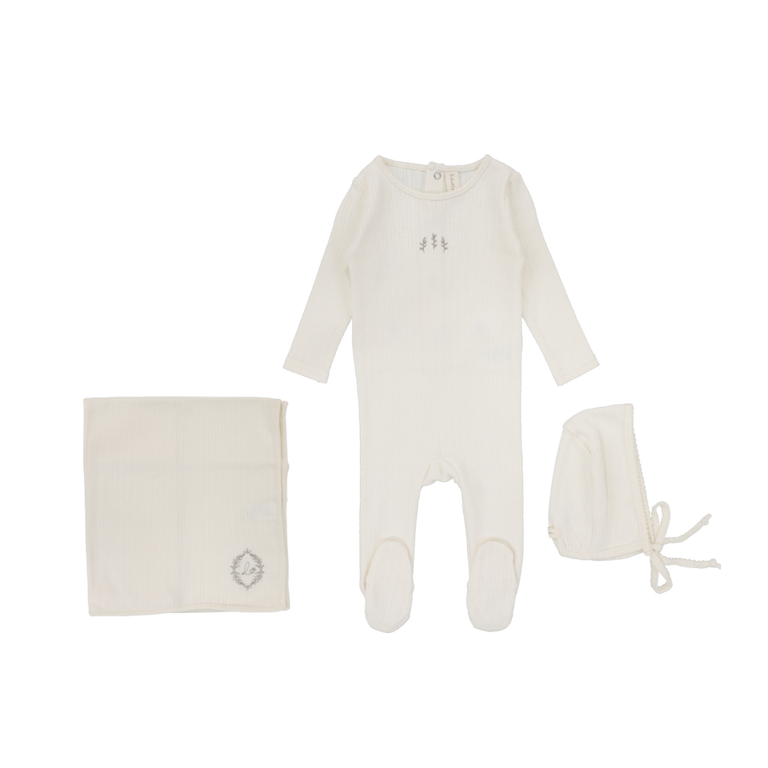 Cream/Branch Striped Pointelle Layette Set