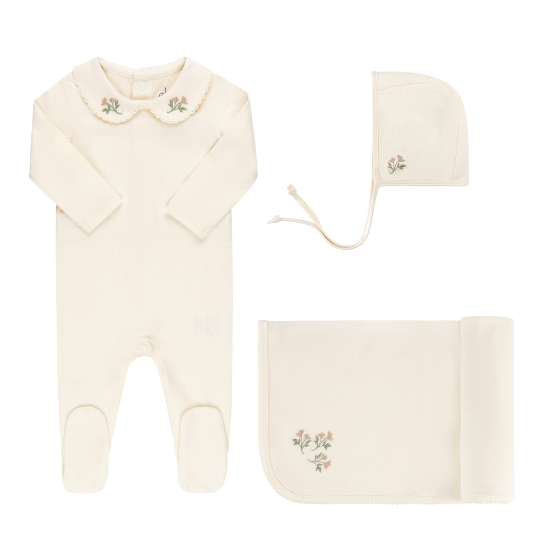 Cream Floral Embroidered Collar Layette Set