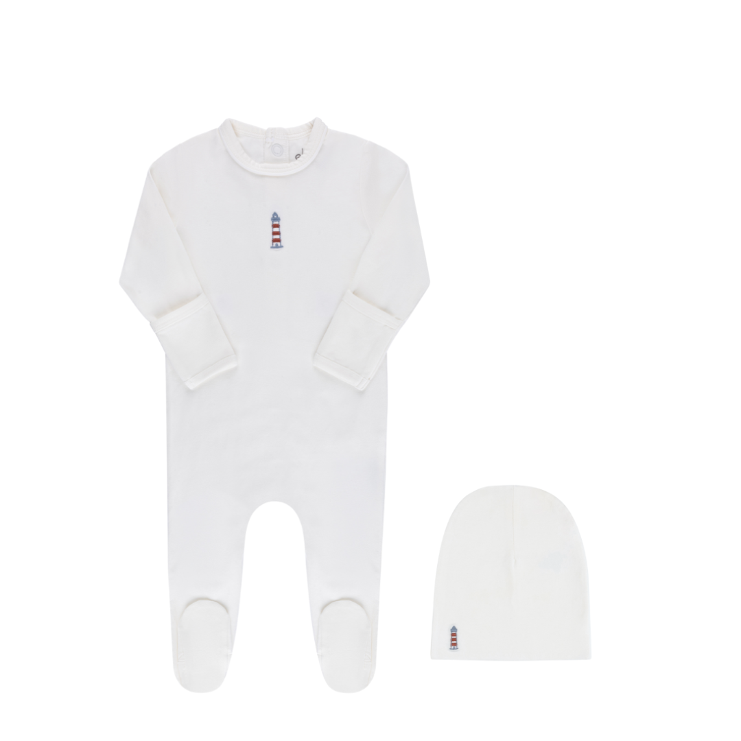 Ivory Embroidered Nautical Footie & Beanie