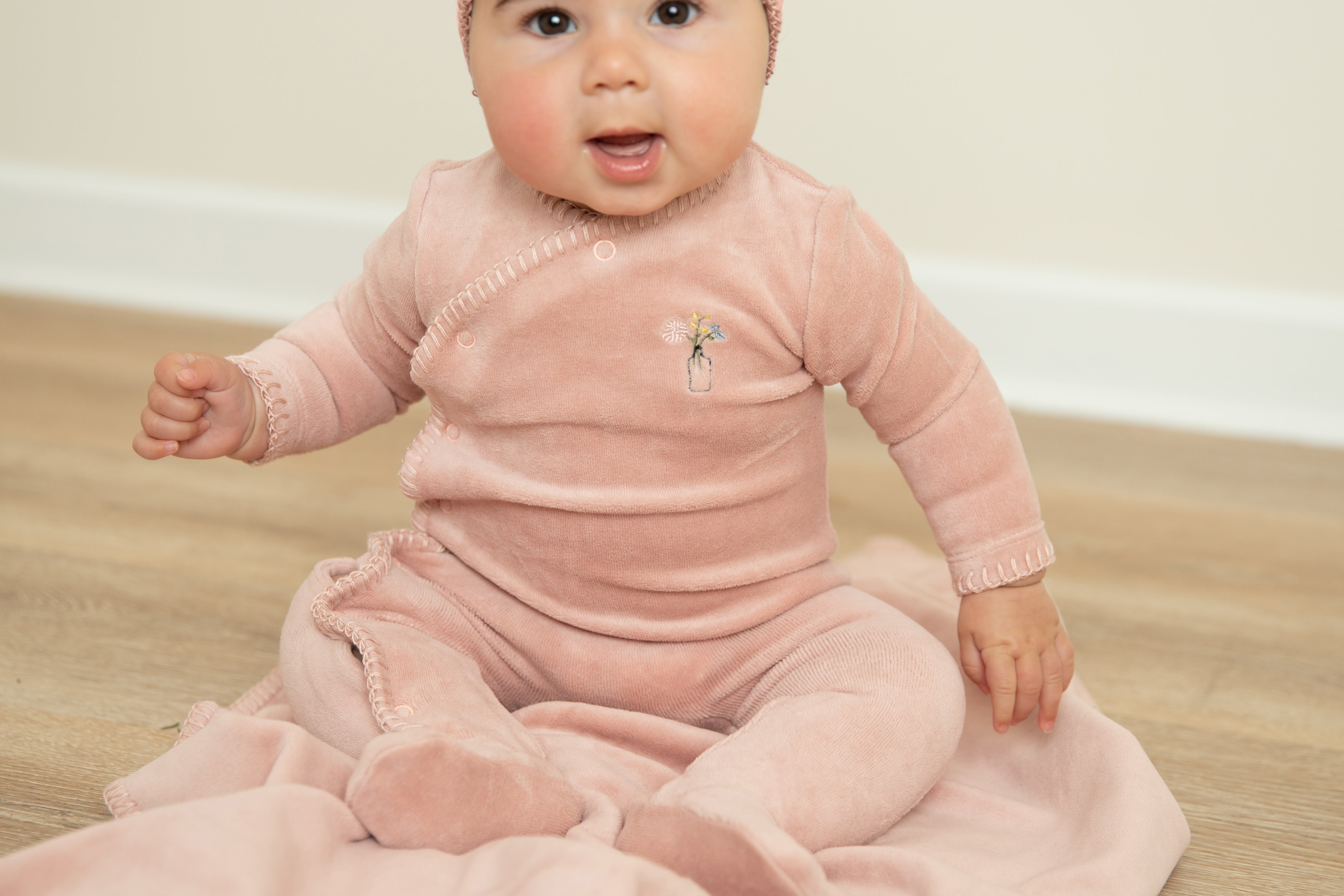 Dusty Pink Velour Embroidered Edge Footie & Beanie Set