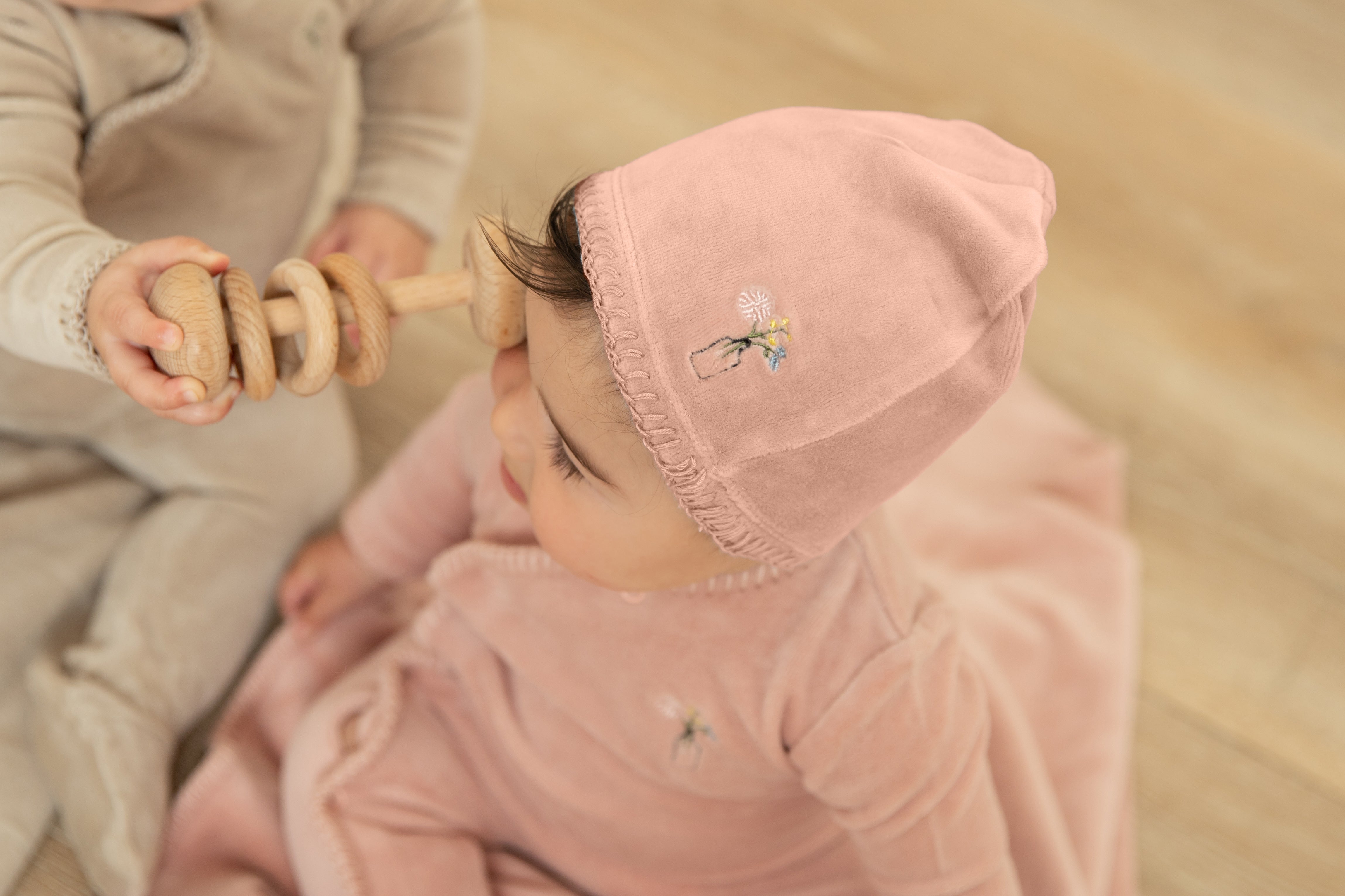 Dusty Pink Velour Embroidered Edge Footie & Beanie Set