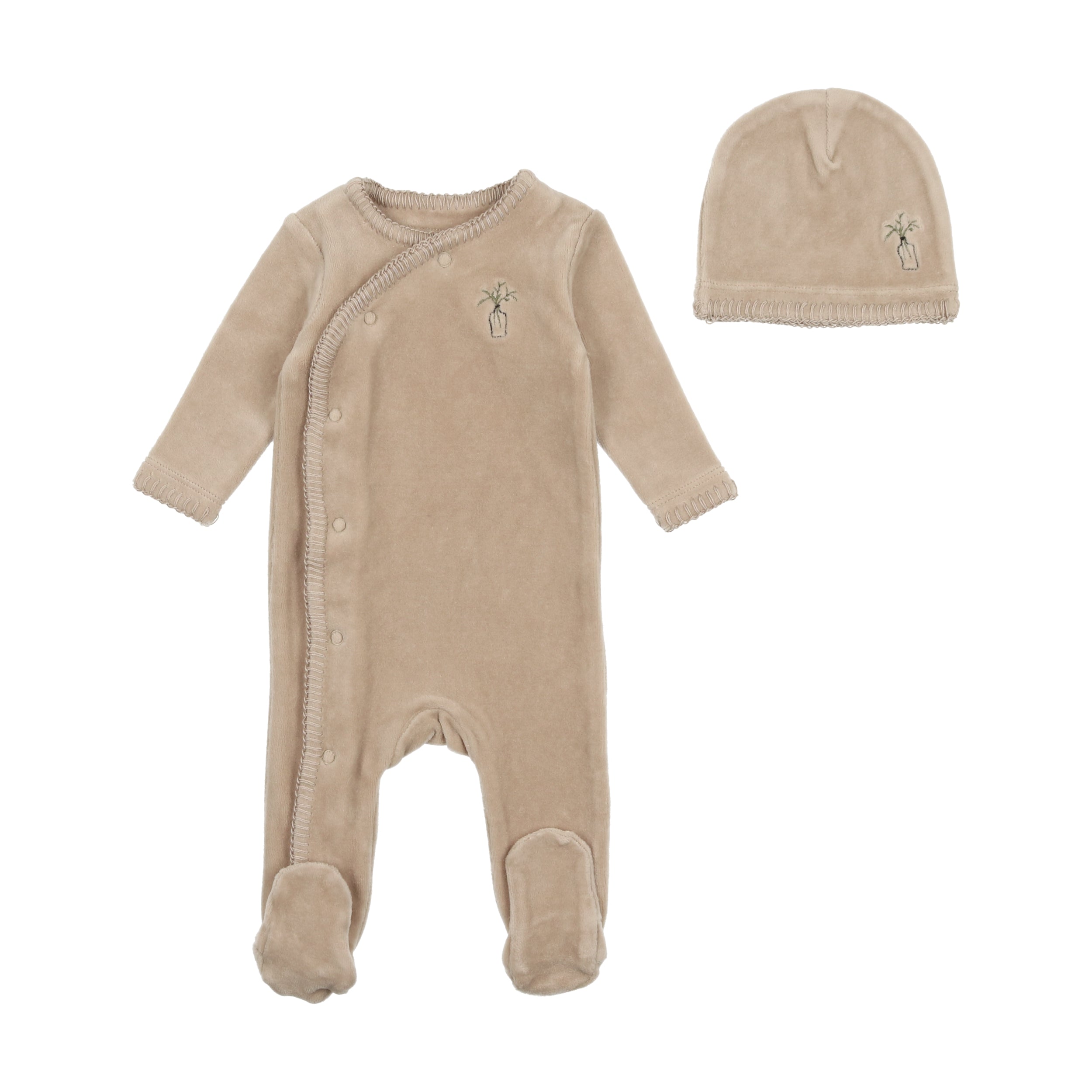 Pure Cashmere Velour Embroidered Edge Footie & Beanie Set