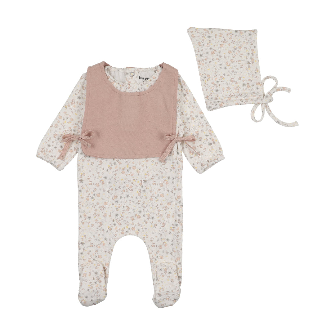 Girls Print Whimsical Bloom Footie W/ Vest + Bonnet