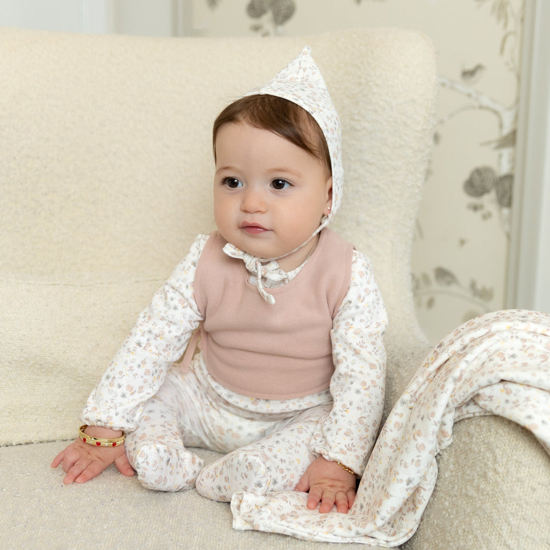 Girls Print Whimsical Bloom Footie W/ Vest + Bonnet