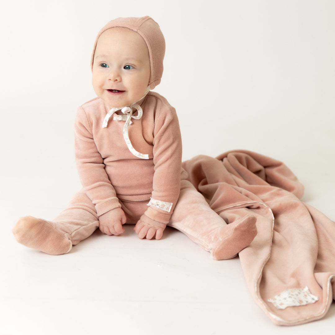 Rose Velour Whimsical Bloom Patch Footie/Bonnet