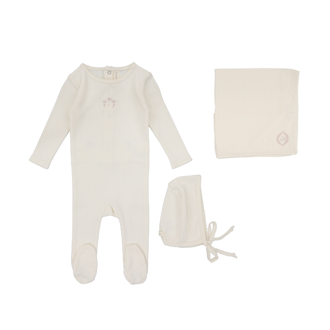 Cream/Floral Striped Pointelle Layette Set