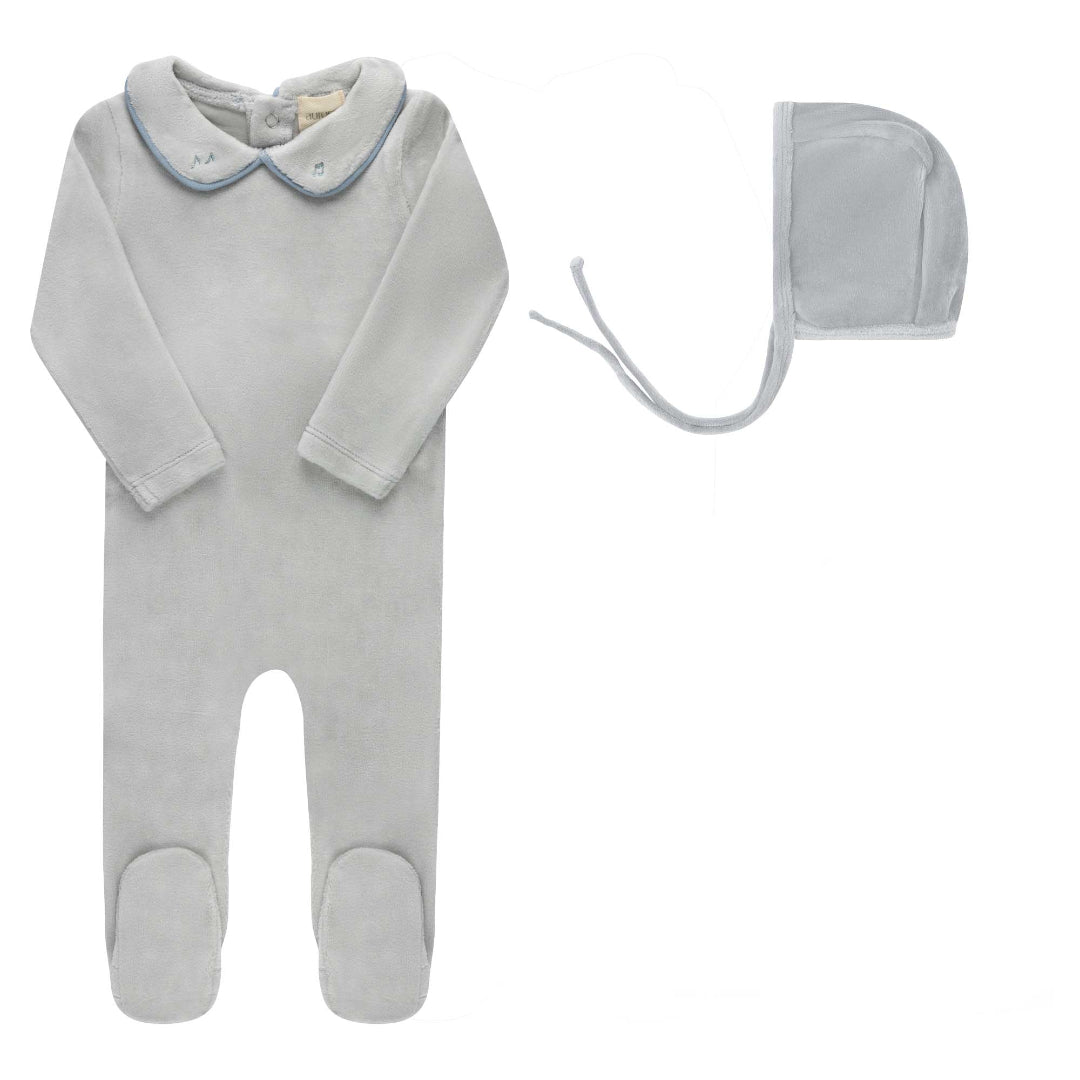 Blue Embroidered Velour Collar Collection Footie + Bonnet