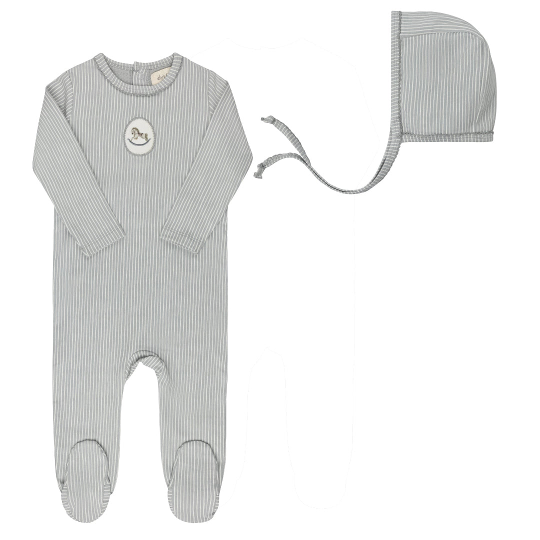 Blue Rocking Horse Footie + Bonnet