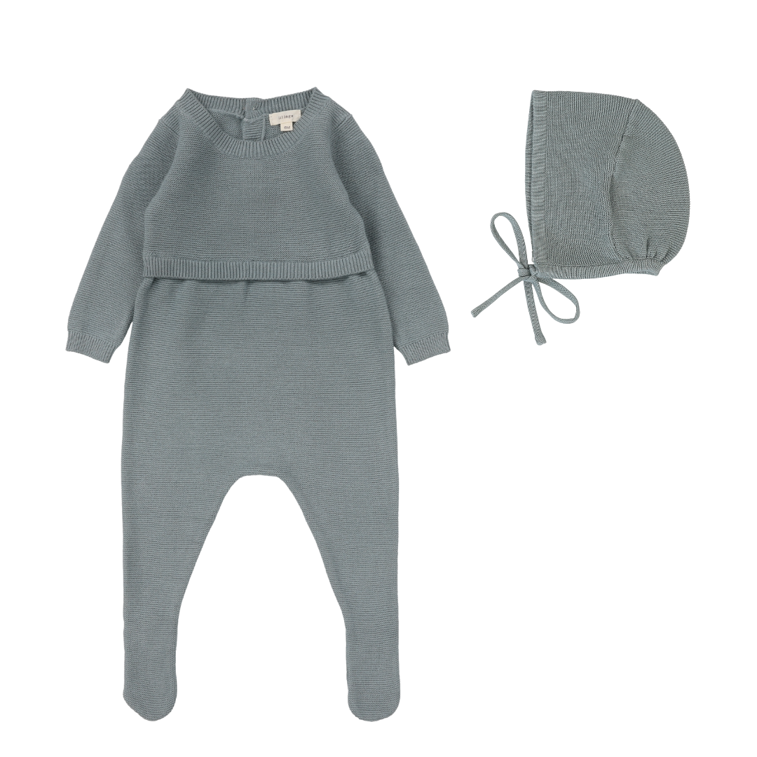 Dusty Blue Knit Footie + Bonnet