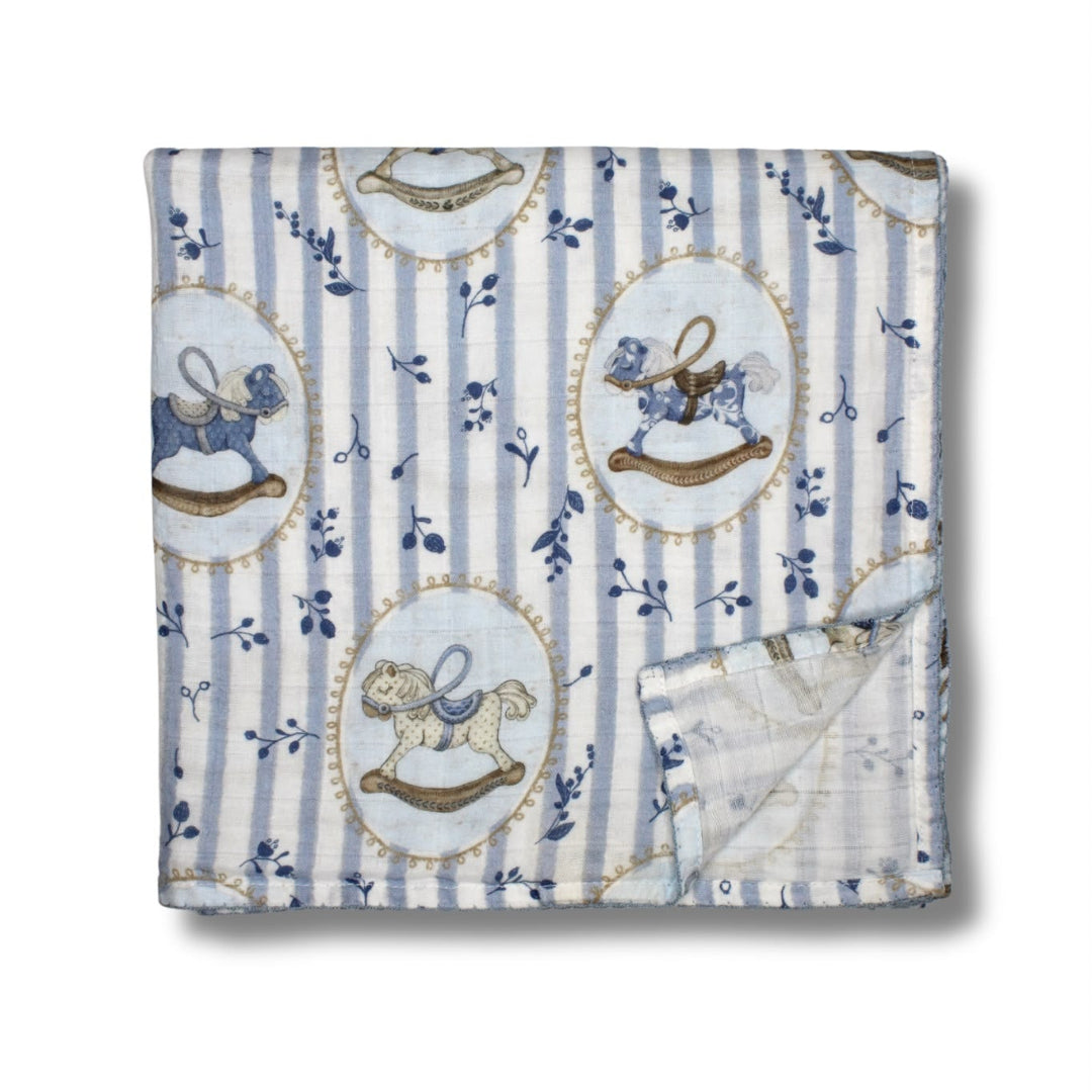 Blue Rocking Horse Muslin Blanket
