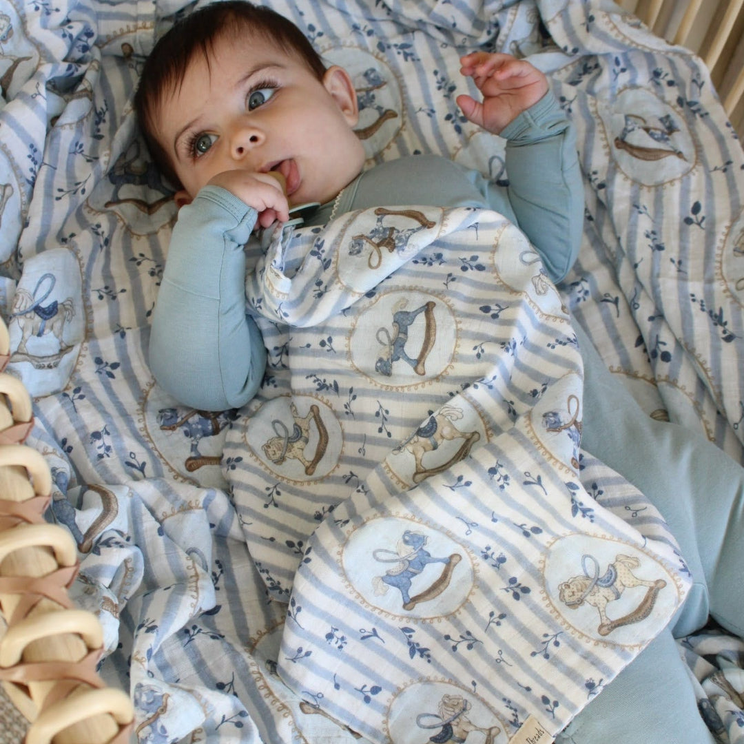 Blue Rocking Horse Muslin Blanket