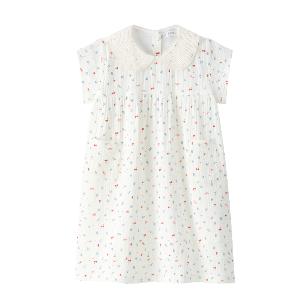 Cherry Gauze S/S Dress W/ Crochet Collar