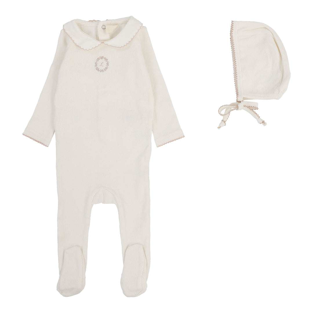 Cream/Pink Emblem Embroidered Footie Set
