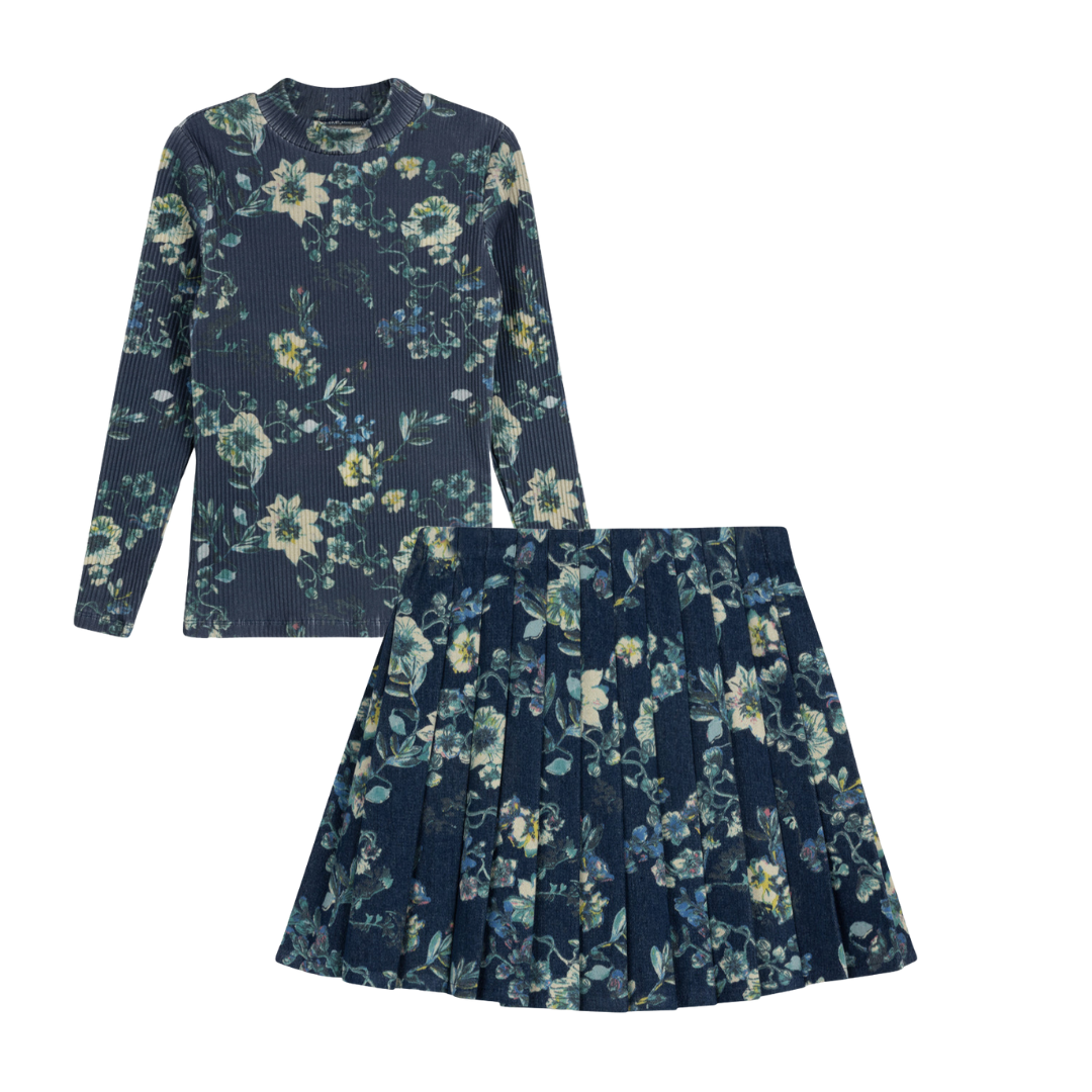 Floral Ribbed Mock Neck + Denim Pleated Skirt Set