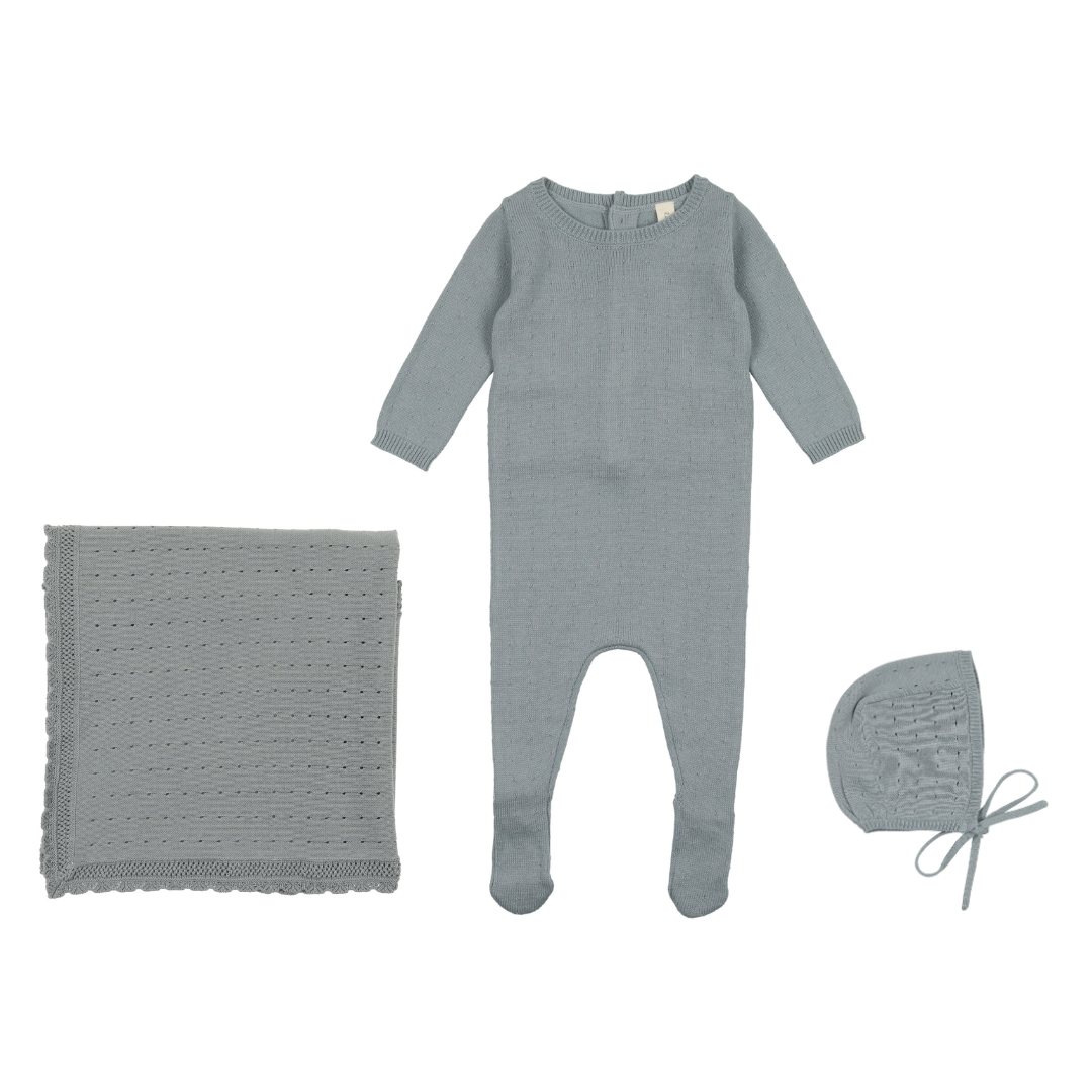 Blue Dotted Knit Layette Set