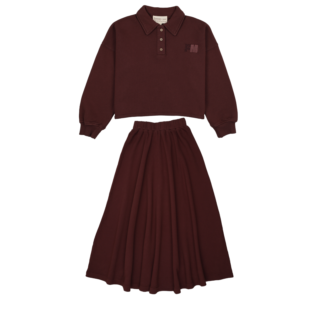 Washed Burgundy Swing Polo + Maxi Gathered Skirt Teen Set