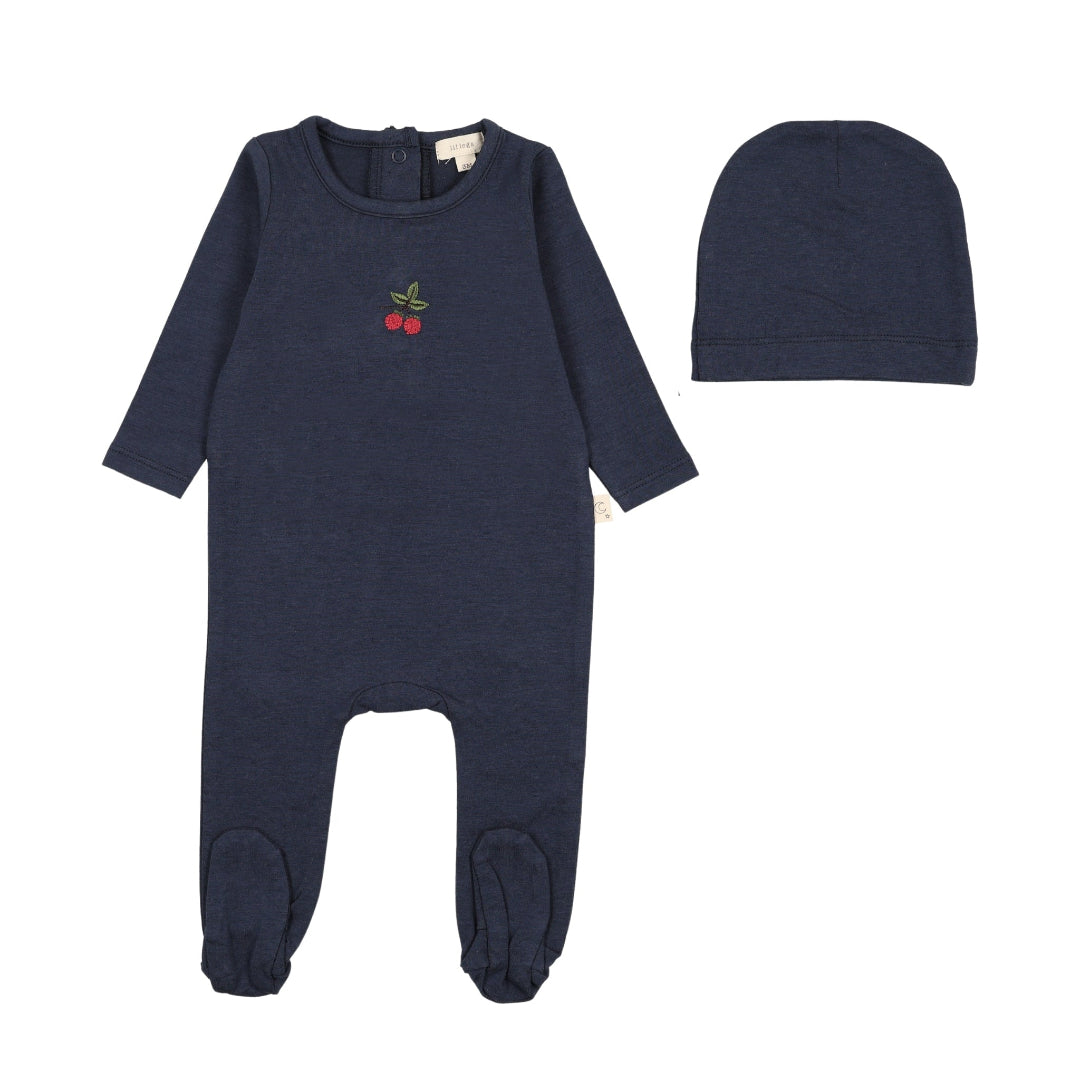 Navy Cherry Embroidered Lounge Footie Set