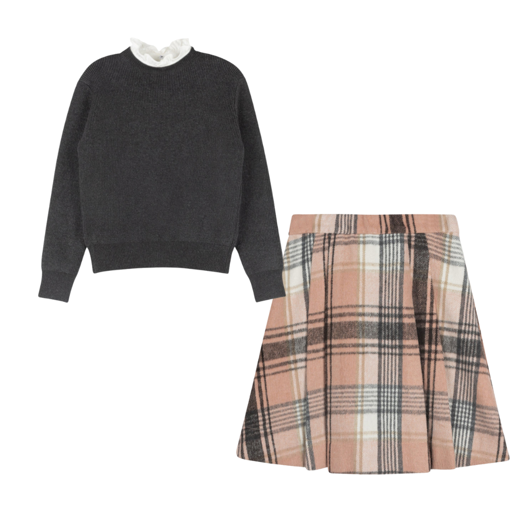 Plaid Gilt Wool Side Pleated Skirt + Charcoal Collared Sweater
