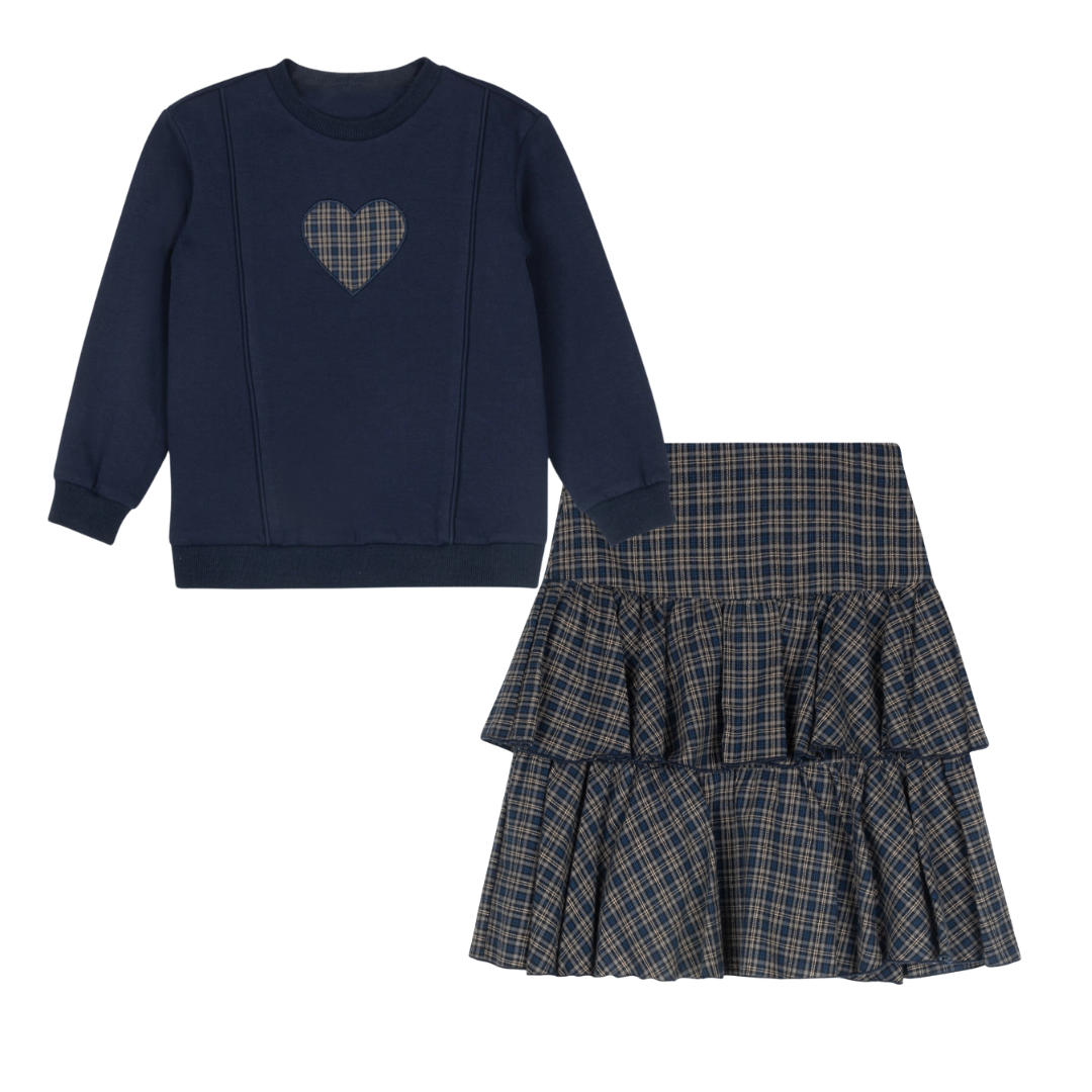 Navy Grad Patch Sweatshirt + Plaid Layer Skirt Set