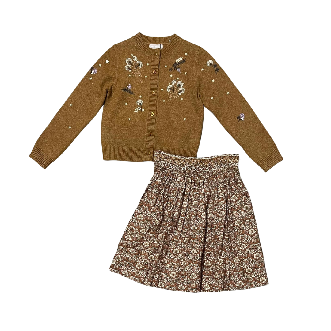 Camel Harry Embroidered Beaded Knit Cardigan + Floral Printed Skirt