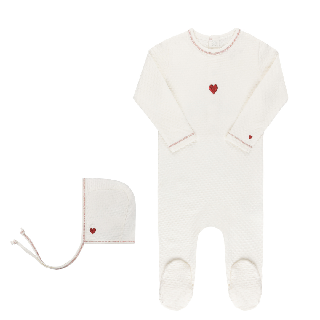 Ivory Heart Embroidered Footie & Bonnet Set