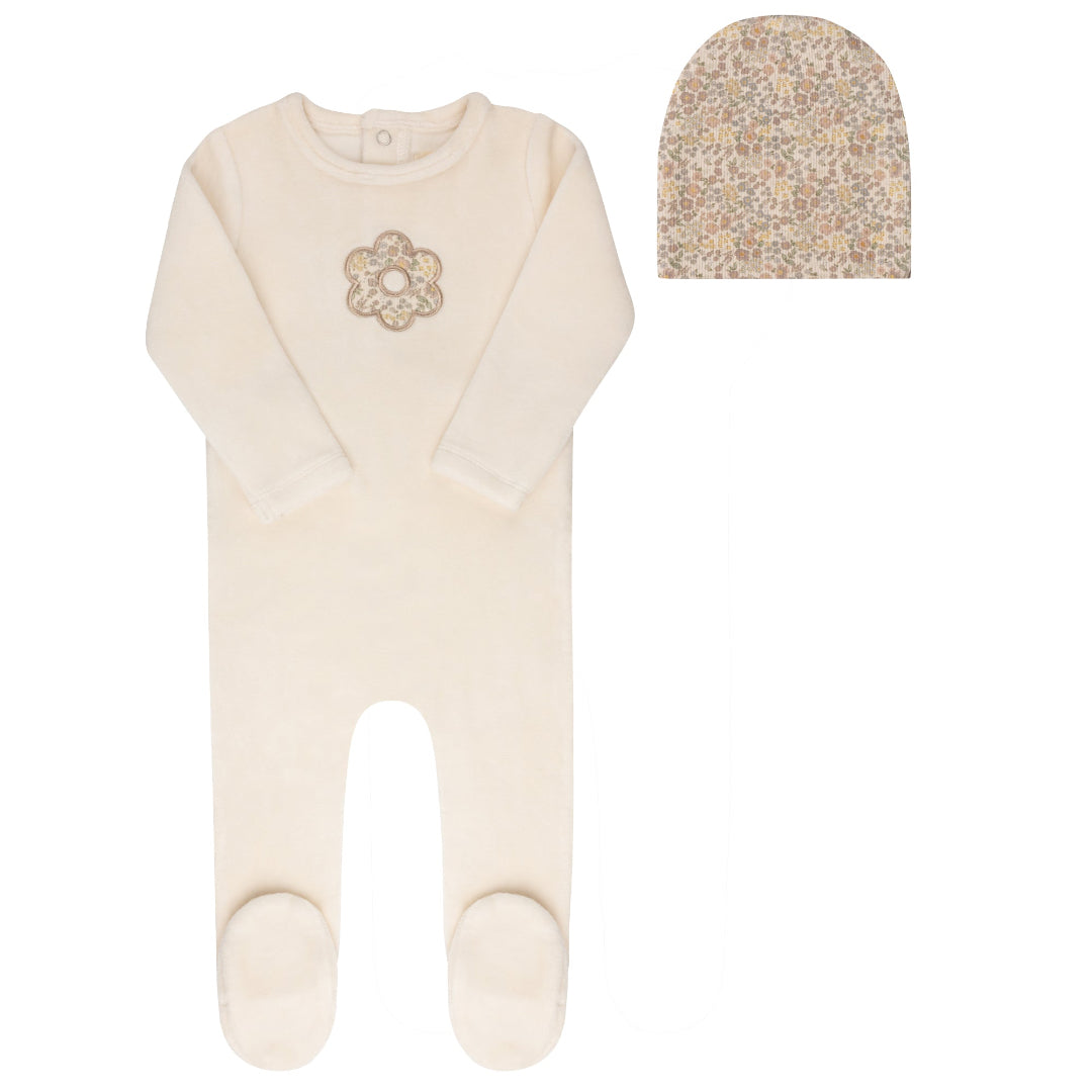 Ivory Floral Velour Liberty Collection Footie + Beanie