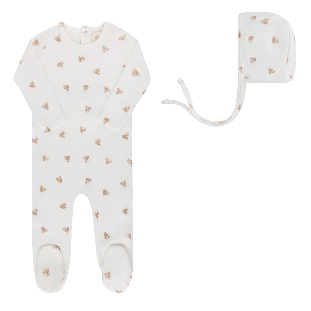Ivory Girl Velour Leaf Pattern Collection Footie + Bonnet
