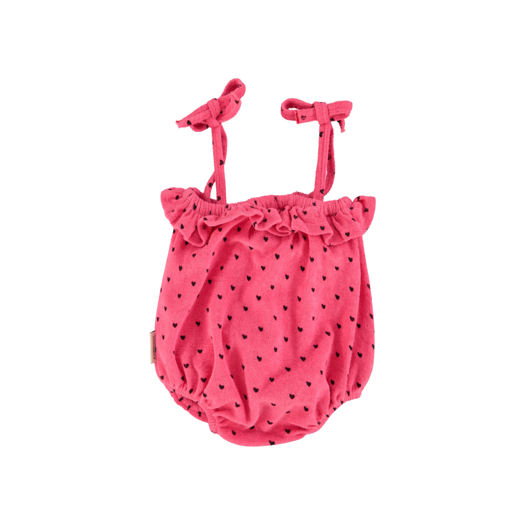 Pink w/ Black Hearts Allover Baby Romper w/ Ruffles