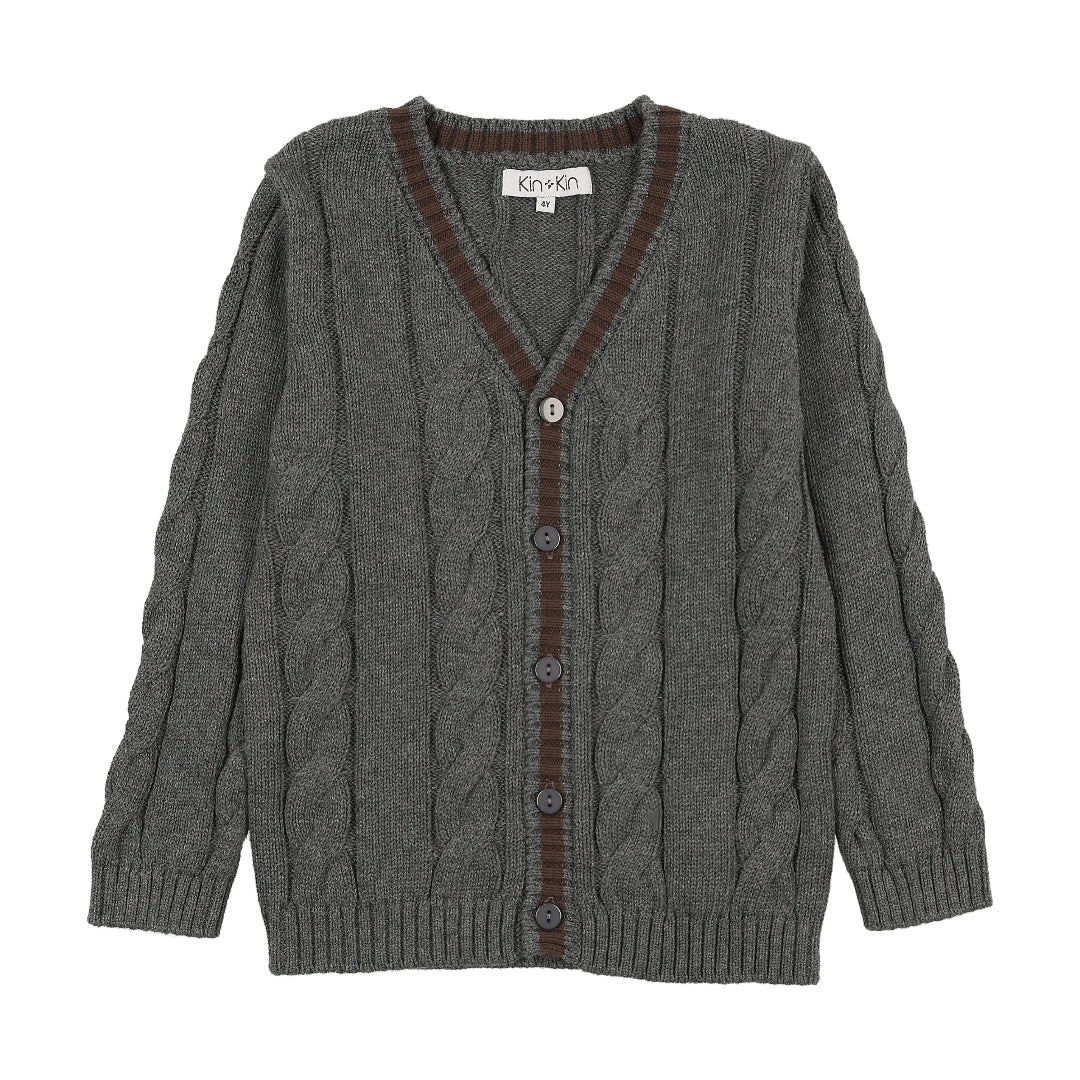Grey/ Brown Knit Contrast Trim Cardigan