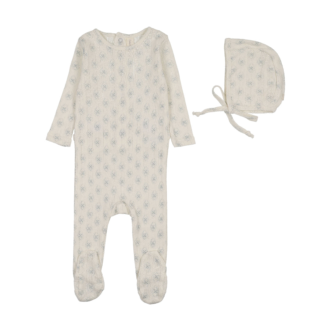Cream/Blue Geo Floral Footie Set