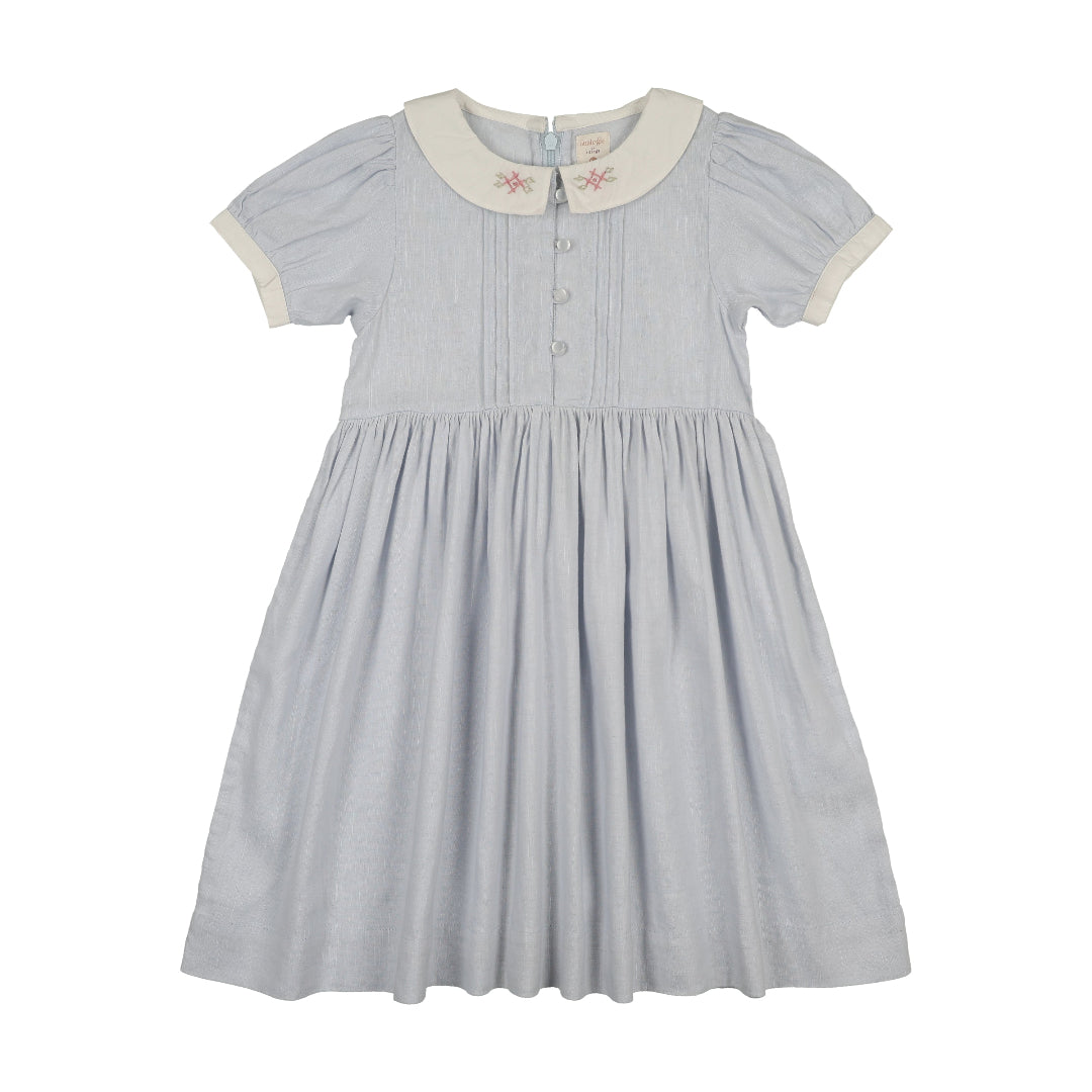 Clear Blue S/S Pintuck Collar Dress
