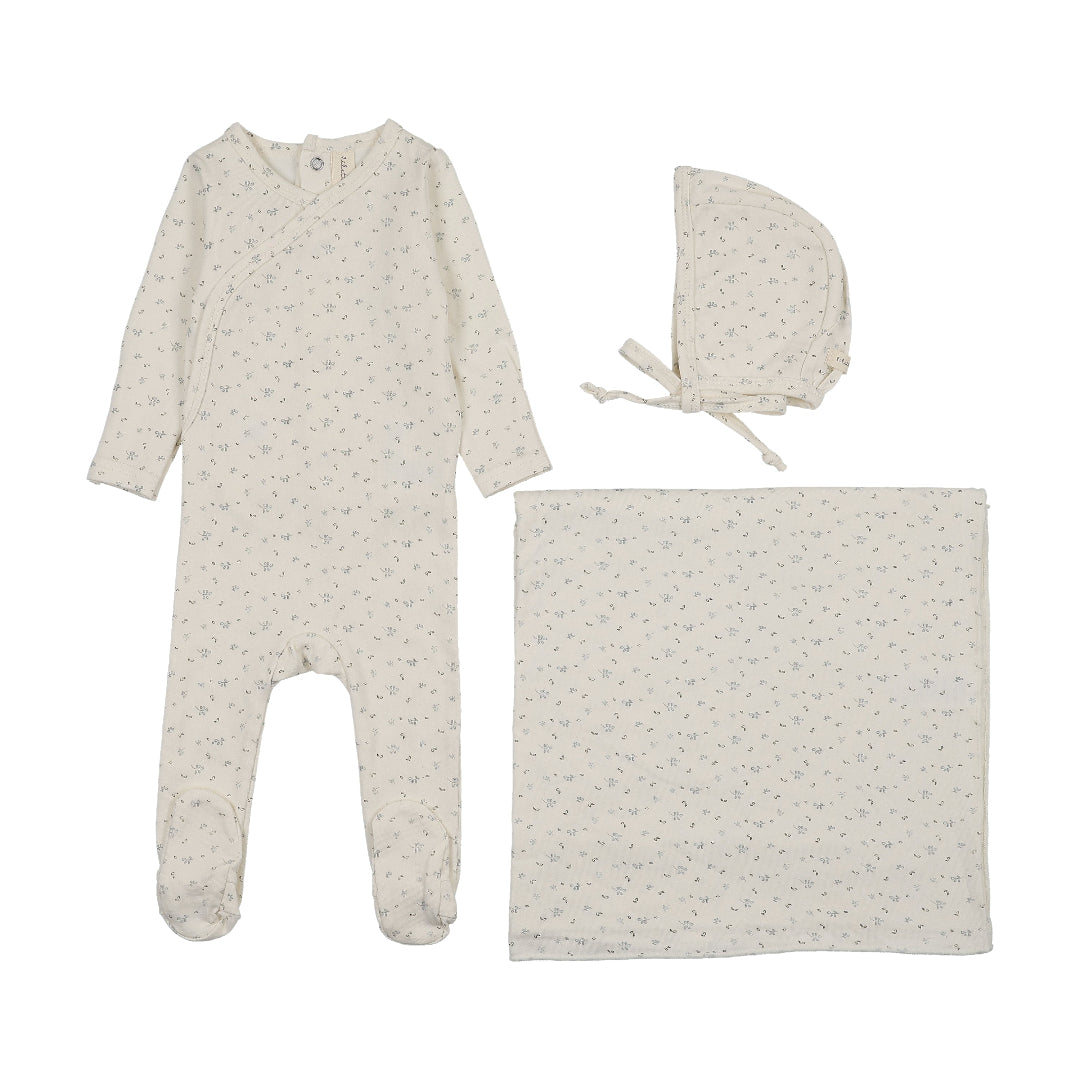 Lilette Cream/Blue Printed Wrap Layette Set