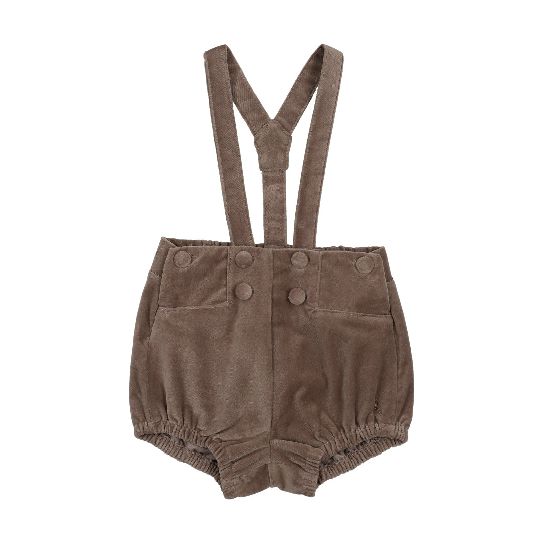 Misty Oat Velvet Gathered Suspender Shorts