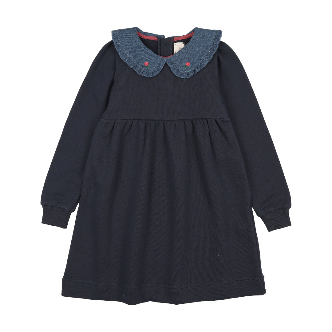Navy Sweet Campaign Denim Collar Sweatshirt Dress