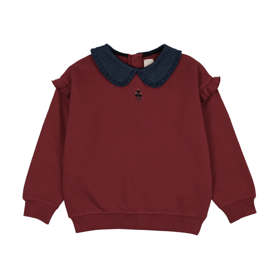 Vintage Red Sweet Campaign Denim Collar Ruffle Sweatshirt
