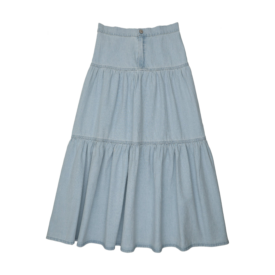 Light Wash Denim Tiered Maxi Skirt