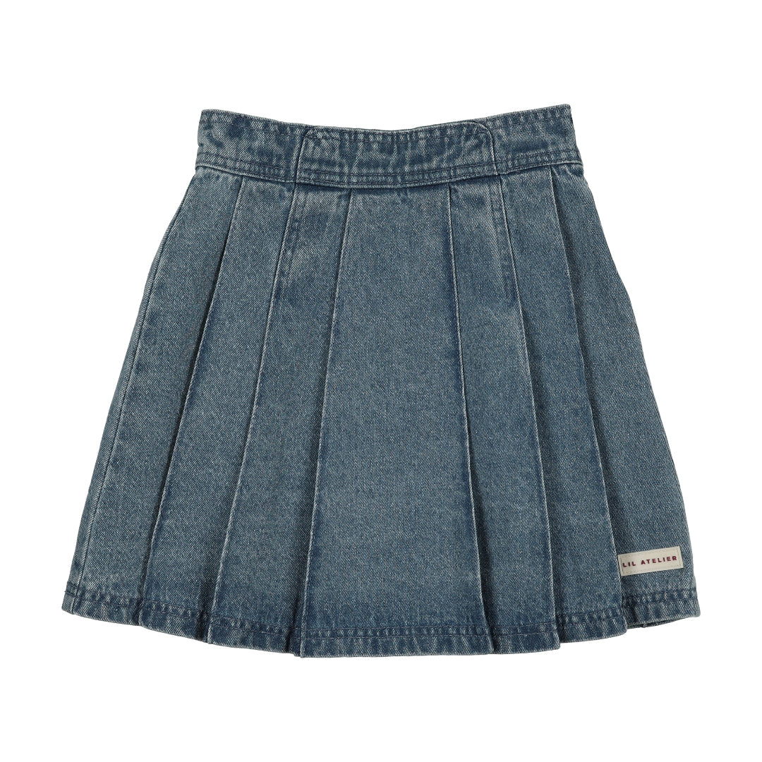 Mid Blue Wash Denim City Pleated Skirt