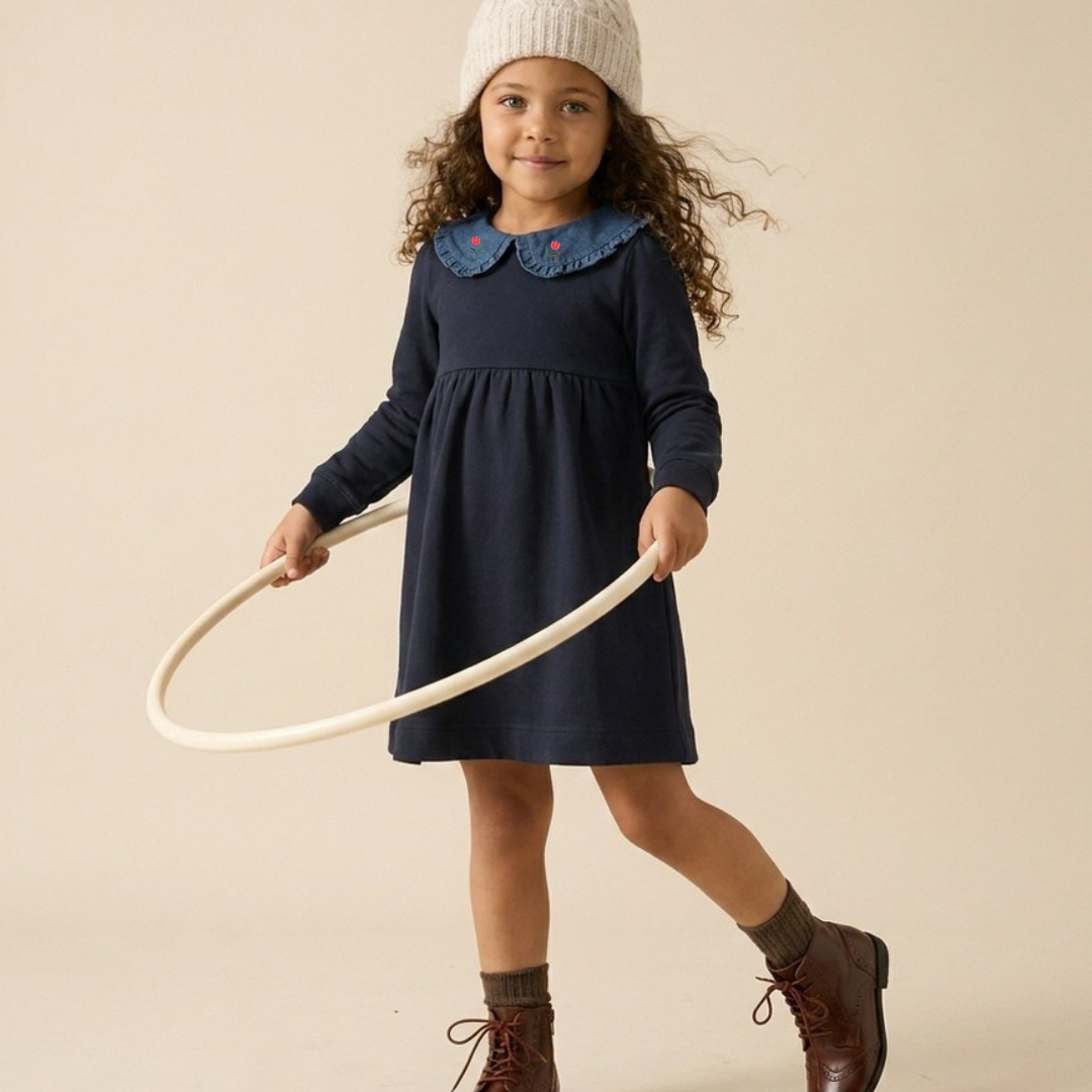 Navy Sweet Campaign Denim Collar Sweatshirt Dress