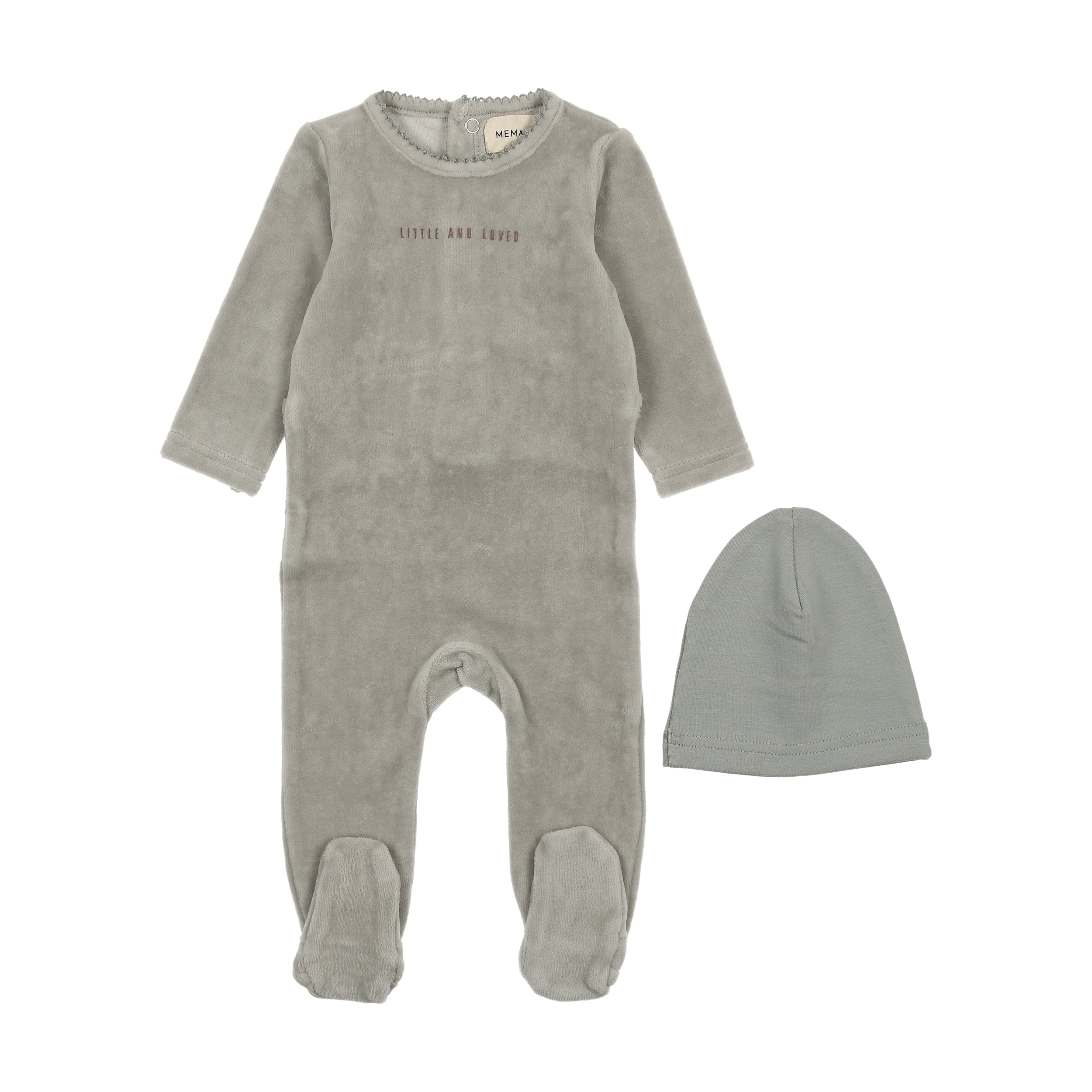 Powder Blue / Mink Print Little and Loved Velour Footie Set