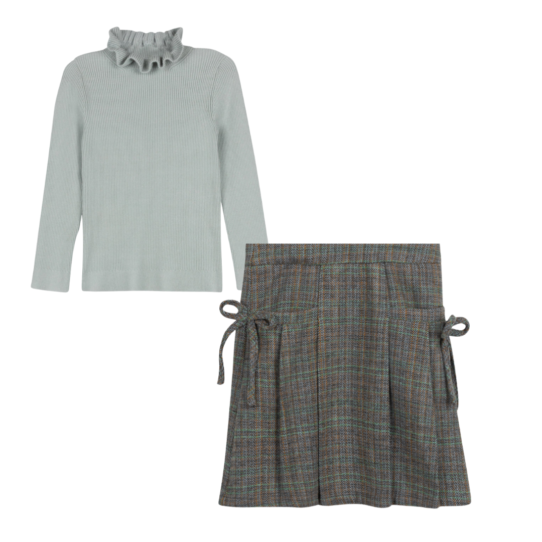 Plaid Rep Bow Pocket Pleated Skirt + Mint Ruffle Sweater