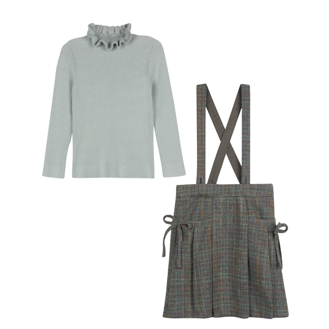 Plaid Rep Bow Pocket Pleated Skirt + Mint Ruffle Sweater
