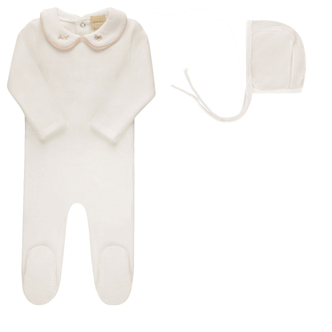 Ivory/Pink Embroidered Velour Collar Collection Footie + Bonnet