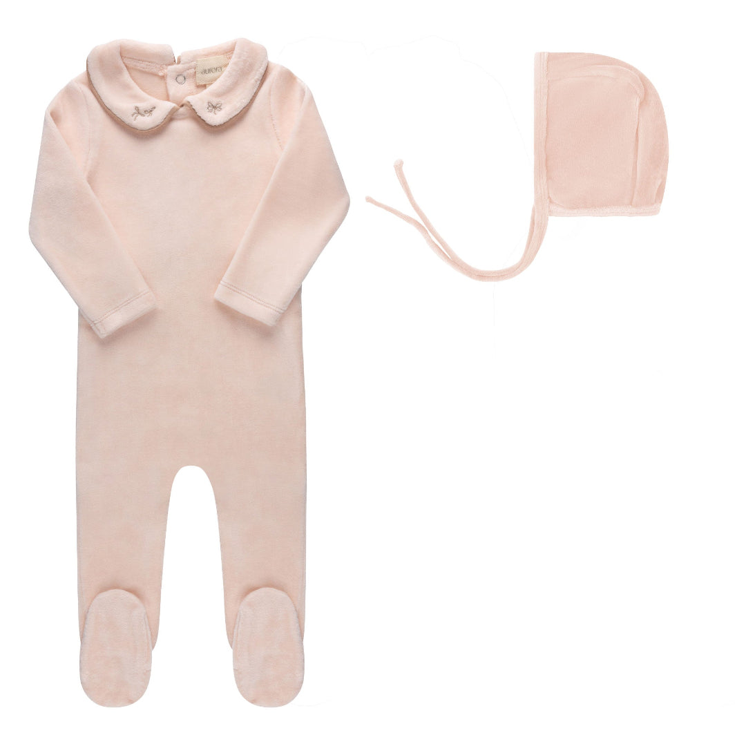 Pink Embroidered Velour Collar Collection Footie + Bonnet