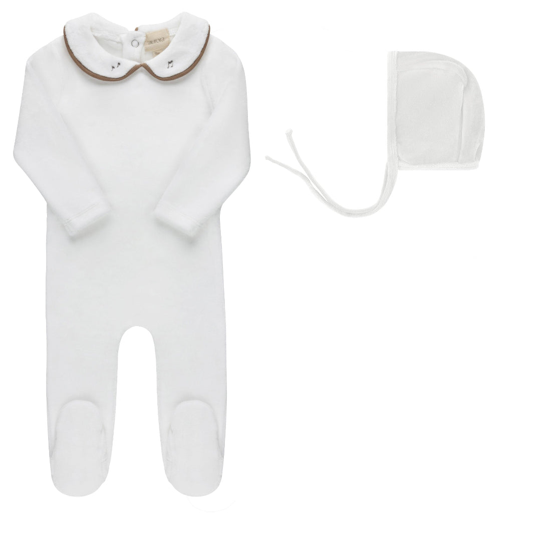Ivory/Brown Embroidered Velour Collar Collection Footie + Bonnet