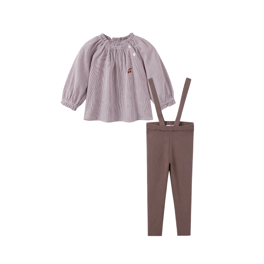 Brown Pinstripe Blouse & Knit Suspenders Set