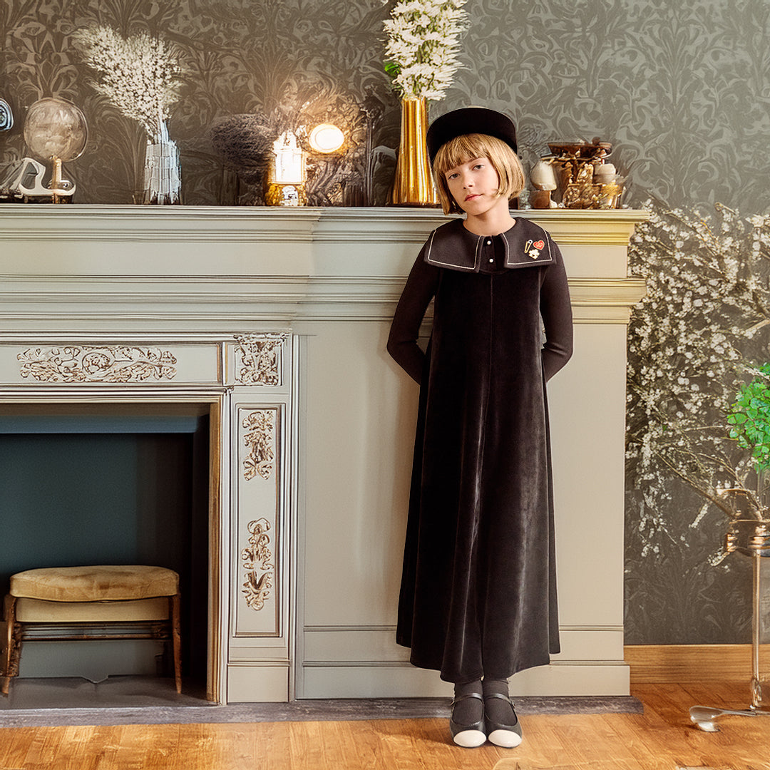 Black Embroidered Collar Velour Maxi